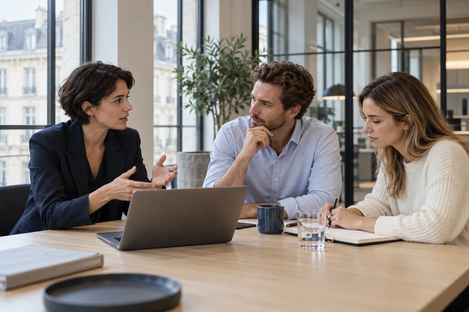 Professionals sharing ideas around a table